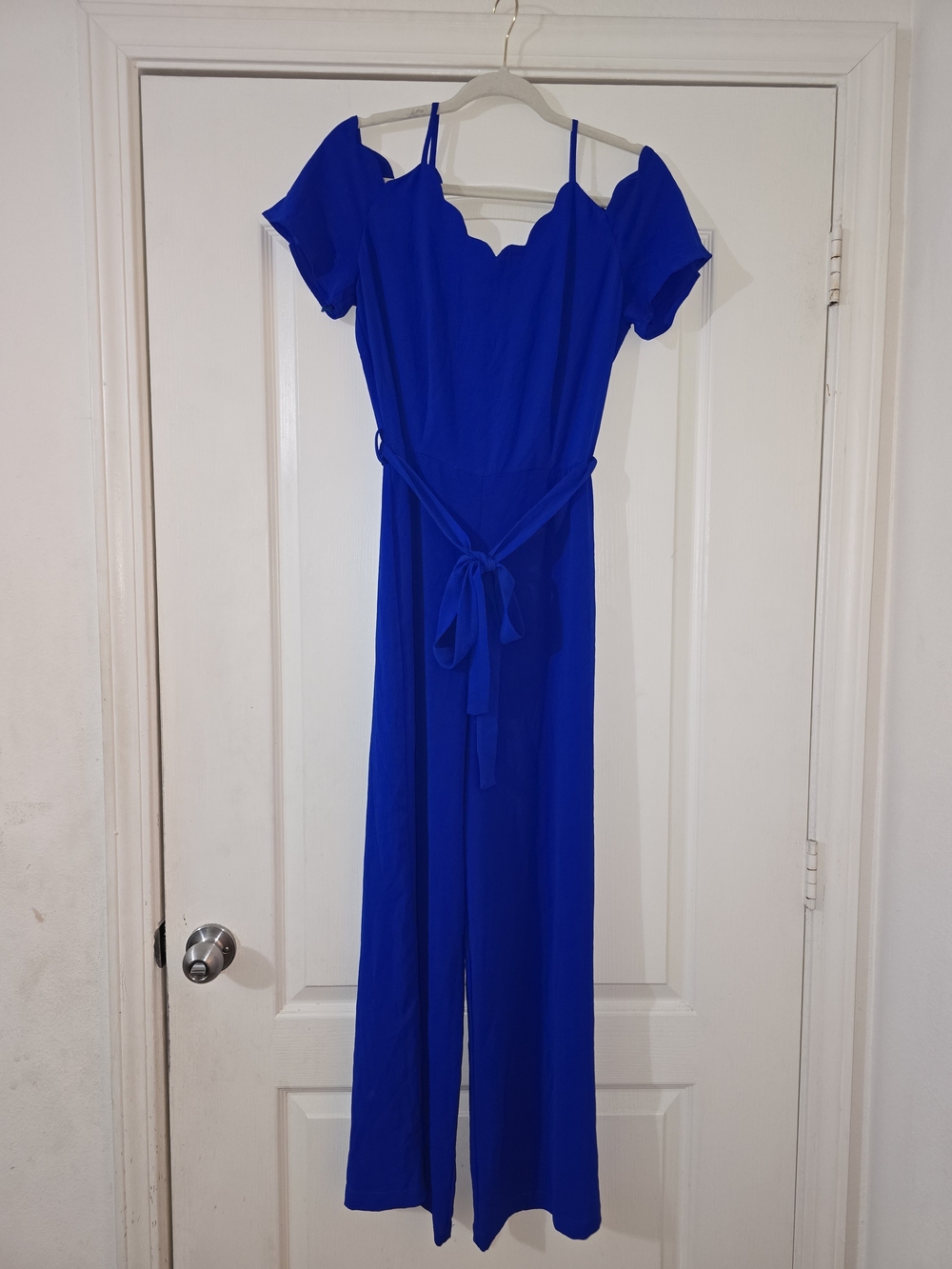 Scallop-Neck Cobalt Off-Shoulder Jumpsuit with Waist Tie